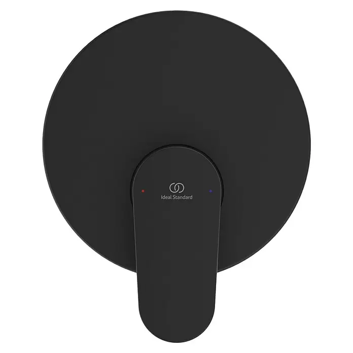 Ideal Standard Cerafine O Grifería empotrada de ducha - Negro, Mate, Redonda - Mezclador de ducha monomando negro mate con indicadores de temperatura rojos y azules y logotipo Ideal Standard.