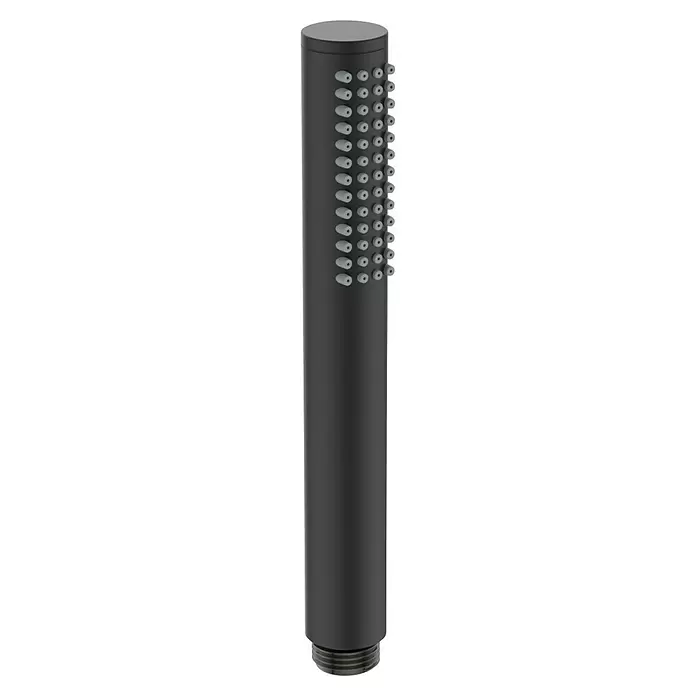 Ideal Standard Ceratherm Duschsystem T25 - Mit Thermostatarmatur, Lochabstand: 70 cm, Anzahl Strahlarten: 1 Stk., Schwarz - Mattschwarze Handbrause mit zahlreichen hellgrauen Düsen für gezielten Wasserstrahl.