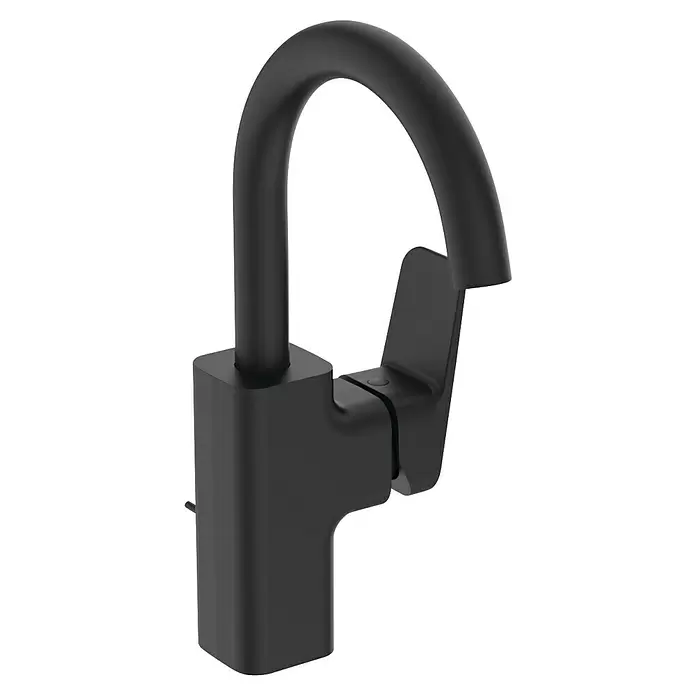 Ideal Standard Ceraplan Waschtischarmatur H200 - Schwarz, Matt - Moderner mattschwarzer Wasserhahn mit gebogenem Auslauf und flachem Hebelgriff.