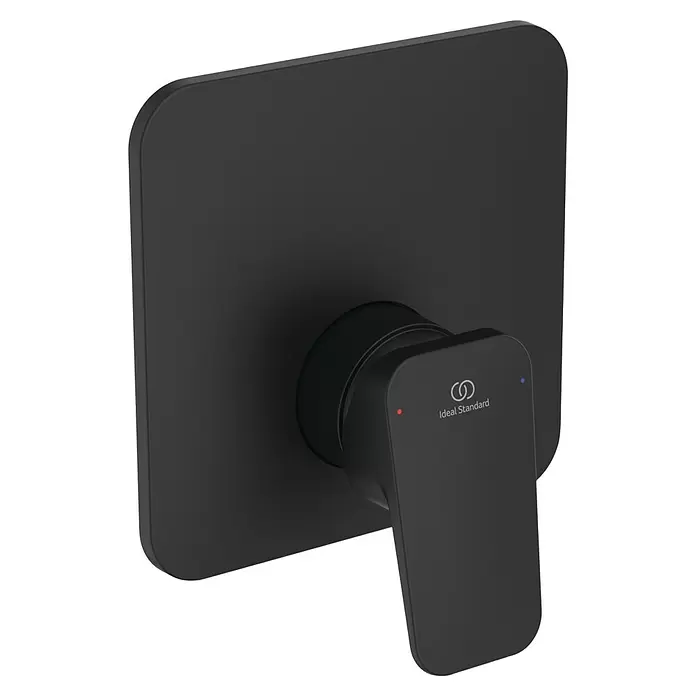 Ideal Standard Ceraplan UP-Brausearmatur - Schwarz, Matt, Quadratisch - Matt schwarze Unterputz-Duscharmatur mit quadratischer Rosette und Hebelgriff, mit roten und blauen Temperaturanzeigen und Ideal Standard Logo.