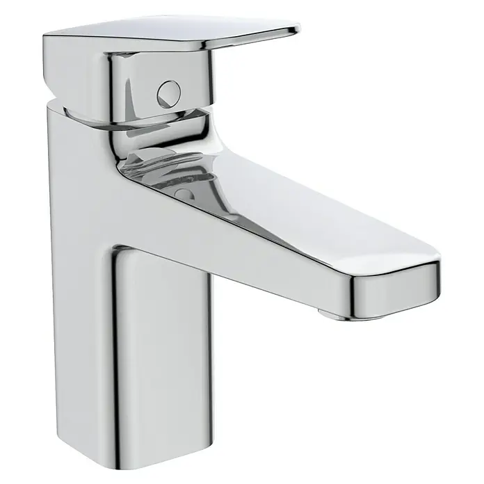 Ideal Standard Ceraplan Waschtischarmatur H90 - Chrom, Glänzend, Mit Ablaufgarnitur - Nahaufnahme eines modernen, verchromten Waschtischhahns mit klaren Linien und einer glänzenden Oberfläche.