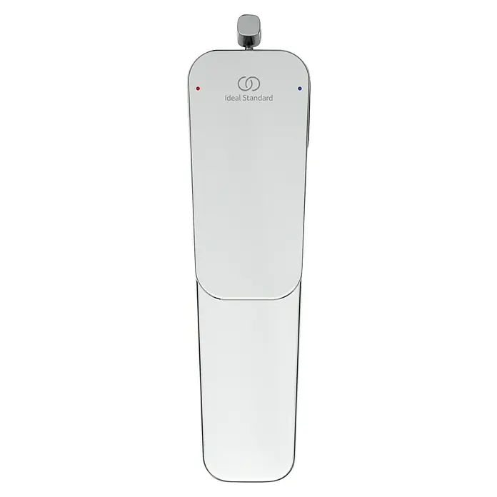 Ideal Standard Ceraplan Waschtischarmatur H90 - Chrom, Glänzend, Mit Ablaufgarnitur - Nahaufnahme einer stilvollen Ideal Standard Armatur in glänzendem Chrom mit minimalistischem Design und roten/blauen Markierungen.