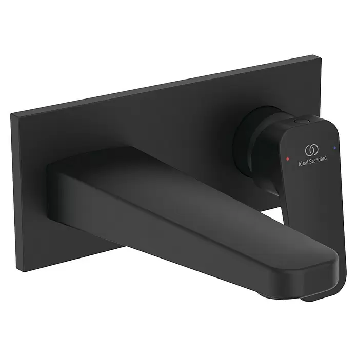 Ideal Standard Ceraplan Waschtischarmatur - Schwarz, Matt - Mattschwarze wandmontierte Armatur mit rechteckigem Auslauf und Einhebelgriff, mit Ideal Standard Logo.