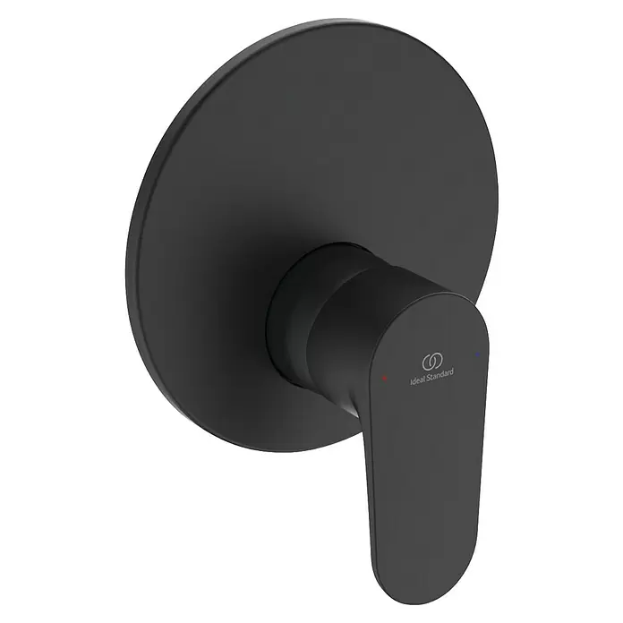 Ideal Standard Cerafine O Grifería empotrada de ducha - Negro, Mate, Redonda - Grifo de ducha monomando negro mate con placa de pared redonda, maneta, indicadores rojo/azul y logo Ideal Standard.