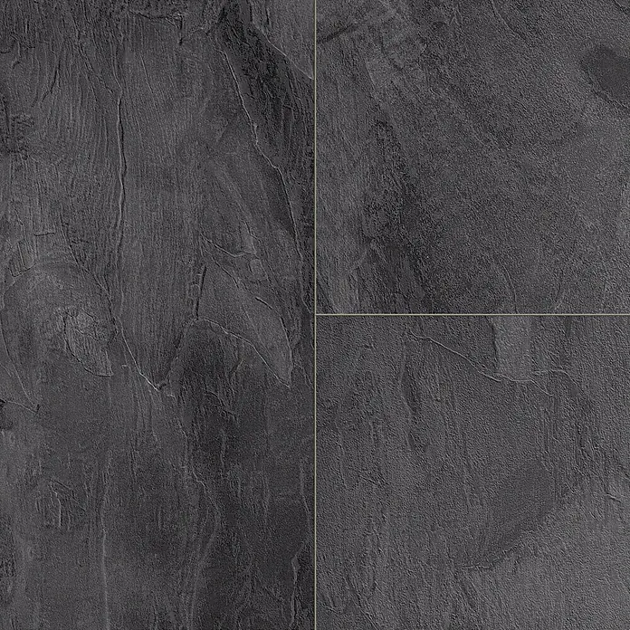 LOGOCLIC Aquaprotect Laminatmuster Pure - 300 x 330 x 8 mm, Fliesenoptik - Dunkelgraue Bodenfliesen mit rauer Textur, die eine moderne und stilvolle Atmosphäre schaffen. Ideal für Innen- und Außenbereiche.
