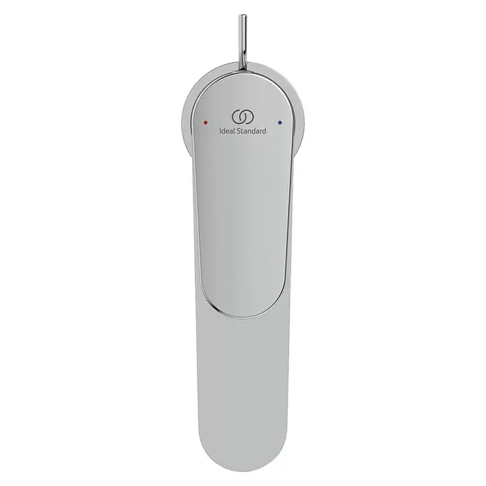 Ideal Standard Cerafine O Waschtischarmatur H120 - Chrom, Glänzend, Mit Ablaufgarnitur - Verchromter Ideal Standard Wasserhahnhebel mit roten und blauen Temperaturanzeigen.