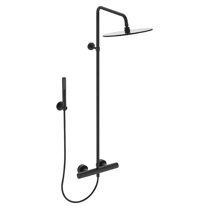 Ideal Standard Ceratherm Duschsystem T25 - Mit Thermostatarmatur, Lochabstand: 70 cm, Anzahl Strahlarten: 1 Stk., Schwarz - Mattschwarzes Brausesystem mit runder Kopfbrause, Handbrause und Thermostatmischer.