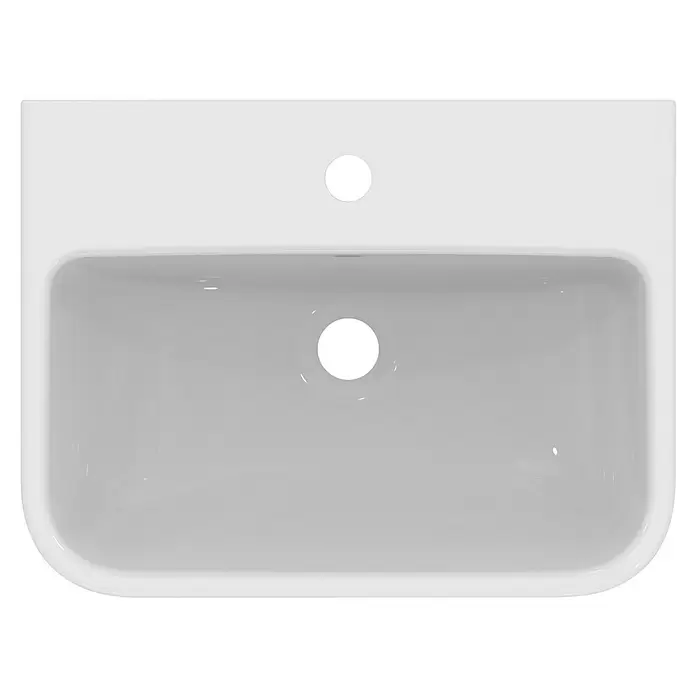 Ideal Standard i.life S Waschtisch - 50 x 38 cm, Ohne Spezialglasur, Hahnloch: Mitte, Mit Überlauf, Weiß - Weiße, rechteckige Keramikspüle, Aufsicht, mit Hahn- und Abflusslöchern.
