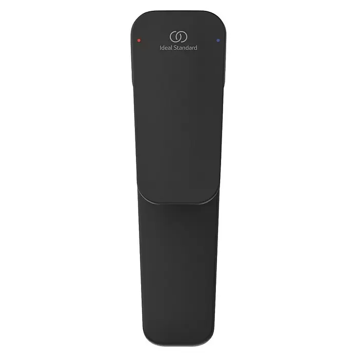 Ideal Standard Ceraplan Waschtischarmatur H90 - Schwarz, Matt, Ohne Ablaufgarnitur - Mattschwarzes Ideal Standard Bedienfeld mit Logo und roten und blauen Anzeigepunkten.