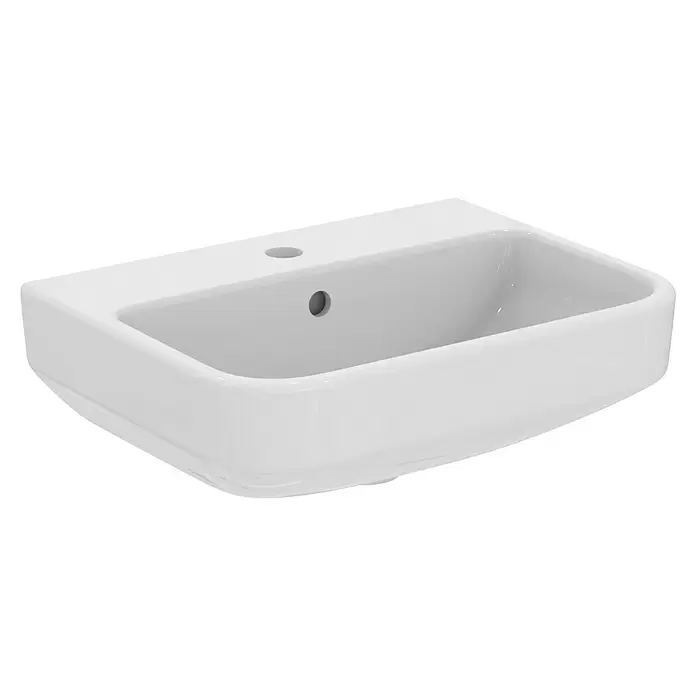 Ideal Standard i.life S Waschtisch - 50 x 38 cm, Ohne Spezialglasur, Hahnloch: Mitte, Mit Überlauf, Weiß - Weißes Keramikwaschbecken mit Hahnloch und Überlauf.