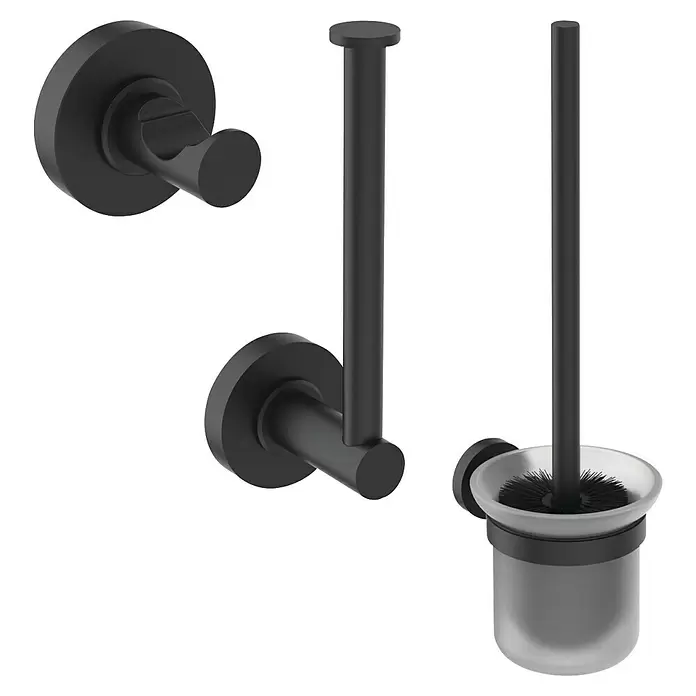 Ideal Standard WC-Set Iom 2 - 3 -tlg., Schwarz - Mattes schwarzes Bad-Set: Wandhaken, Toilettenpapierhalter und Toilettenbürste mit mattiertem Glashalter.