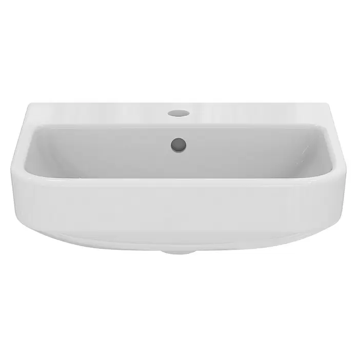 Ideal Standard i.life S Waschtisch - 50 x 38 cm, Ohne Spezialglasur, Hahnloch: Mitte, Mit Überlauf, Weiß - Weißes Keramik-Waschbecken mit Hahnloch und Überlauf.