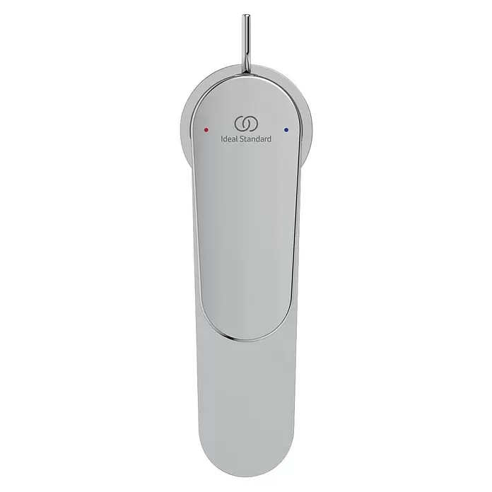 Ideal Standard Cerafine O Waschtischarmatur H80 - Chrom, Glänzend, Mit Ablaufgarnitur - Polierter Chrom-Ideal Standard Wasserhahnhebel mit roten und blauen Heiß-/Kaltanzeigen und langgestrecktem Design.
