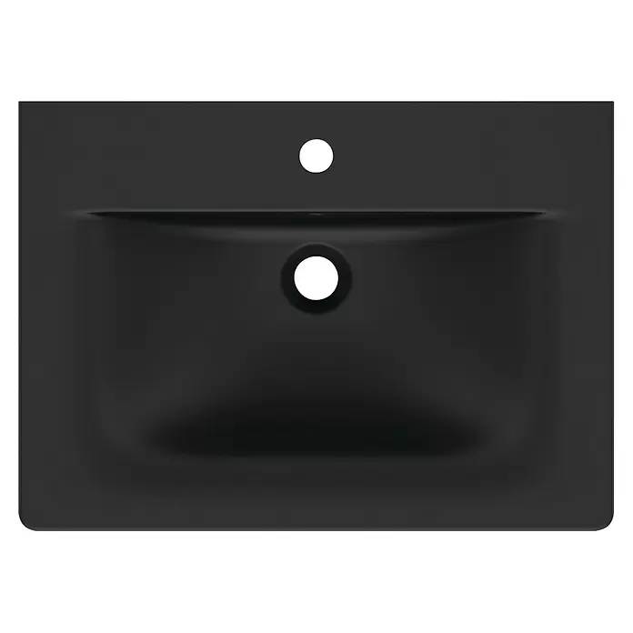Ideal Standard Connect Air Einbauwaschbecken - 64 x 46 cm, Ohne Spezialglasur, Hahnloch: Mitte, Mit Überlauf, Schwarz - Mattschwarzes rechteckiges Waschbecken mit einem Hahnloch und integriertem Überlaufschlitz.