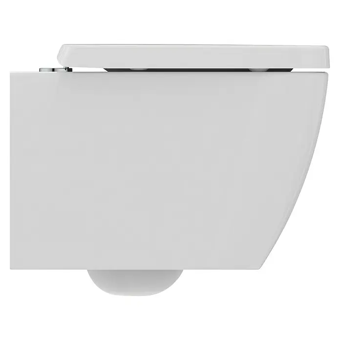 Ideal Standard i.life S Wand-WC-Set - Spülrandlos, Ohne Spezialglasur, Spülform: Tief, WC Abgang: Waagerecht, Weiß - Nahaufnahme einer modernen, weißen Wandtoilette mit klaren Linien und minimalistischem Design, ideal für moderne Badezimmer.