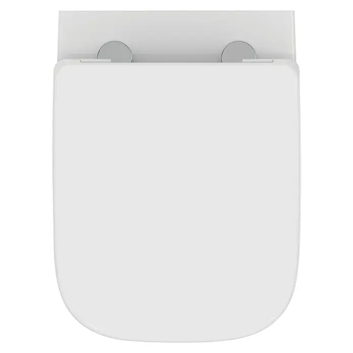 Ideal Standard i.life S Wand-WC-Set - Spülrandlos, Ohne Spezialglasur, Spülform: Tief, WC Abgang: Waagerecht, Weiß - Draufsicht auf einen weißen Toilettensitz mit abgerundeten Ecken und silberfarbenen Scharnieren für Badezimmer.