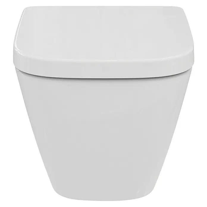 Ideal Standard i.life S Wand-WC-Set - Spülrandlos, Ohne Spezialglasur, Spülform: Tief, WC Abgang: Waagerecht, Weiß - Nahaufnahme einer weißen Wandtoilette mit klaren Linien und modernem Design, ideal für jedes Badezimmer.
