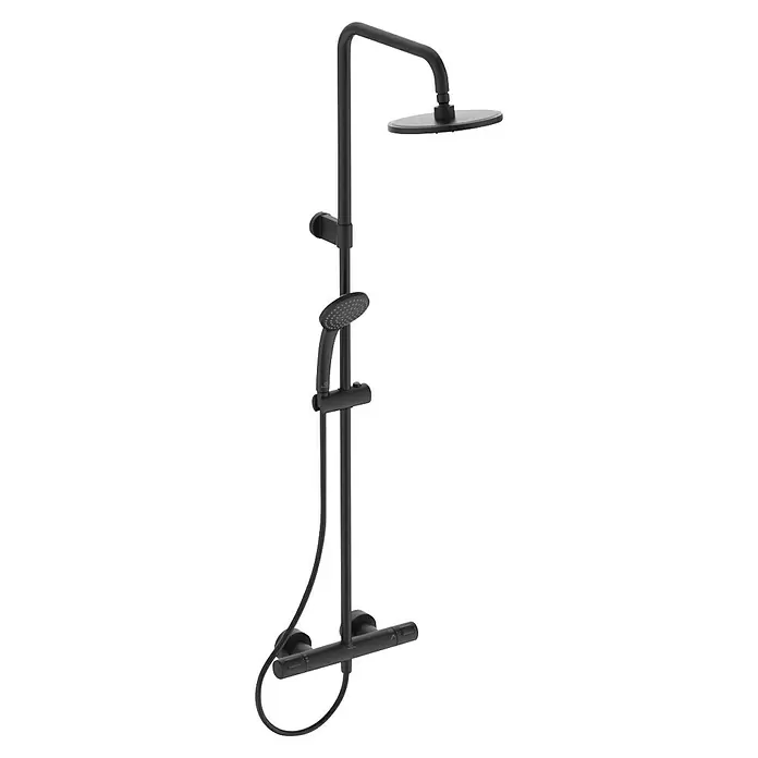 Ideal Standard Ceratherm Duschsystem T25 - Mit Thermostatarmatur, Höhe: 103 cm, Anzahl Strahlarten: 1 Stk., Schwarz - Mattschwarzes Duschsystem mit großer Kopfbrause, Handbrause an verstellbarem Halter und Thermostatmischer.