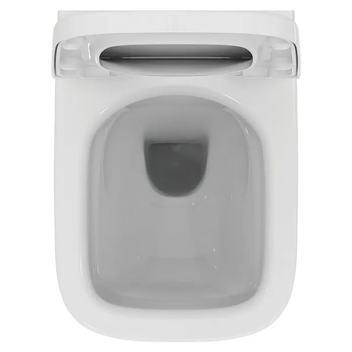 Ideal Standard i.life S Wand-WC-Set - Spülrandlos, Ohne Spezialglasur, Spülform: Tief, WC Abgang: Waagerecht, Weiß - Nahaufnahme einer weißen Toilette mit geöffnetem Deckel, die die moderne und hygienische Gestaltung des Produkts hervorhebt.