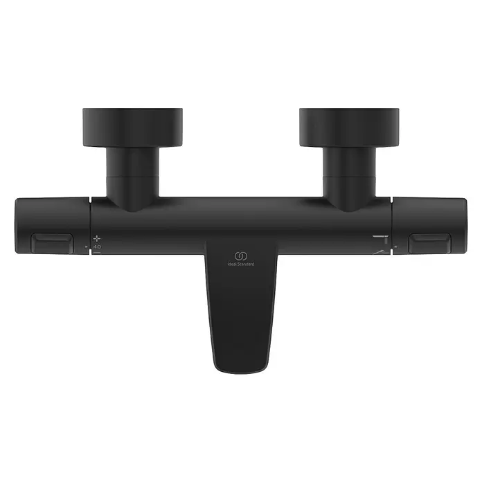 Ideal Standard Ceratherm Wannenthermostat T25 - Schwarz - Mattschwarze Thermostat-Duscharmatur mit horizontaler Stange, zwei oberen Anschlüssen und einem zentralen Auslauf. Mit Temperatur- und Durchflussreglern.