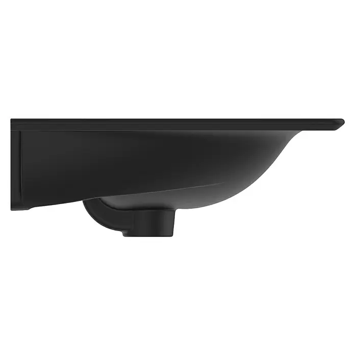 Ideal Standard Connect Air Einbauwaschbecken - 64 x 46 cm, Ohne Spezialglasur, Hahnloch: Mitte, Mit Überlauf, Schwarz - Seitenansicht eines schwarzen wandmontierten Waschbeckens mit flacher Oberseite und geschwungener Unterseite.