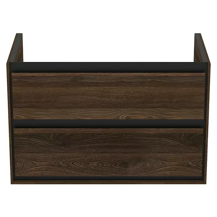 Ideal Standard Connect Air Waschtischunterschrank - 80 x 44 x 51,7 cm, Nussbaum/Schwarz, Matt - Dunkelbrauner Hängeschrank in Holzoptik mit zwei Schubladen und schwarzem Akzent.