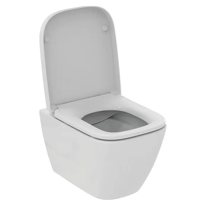 Ideal Standard i.life S Wand-WC-Set - Spülrandlos, Ohne Spezialglasur, Spülform: Tief, WC Abgang: Waagerecht, Weiß - Nahaufnahme einer weißen Wand-WC-Schüssel mit offenem Deckel, die ein modernes und hygienisches Badezimmerdesign betont.