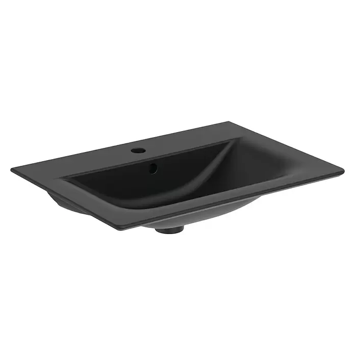 Ideal Standard Connect Air Einbauwaschbecken - 64 x 46 cm, Ohne Spezialglasur, Hahnloch: Mitte, Mit Überlauf, Schwarz - Schwarzes, rechteckiges Waschbecken mit Hahnloch und Überlauf.