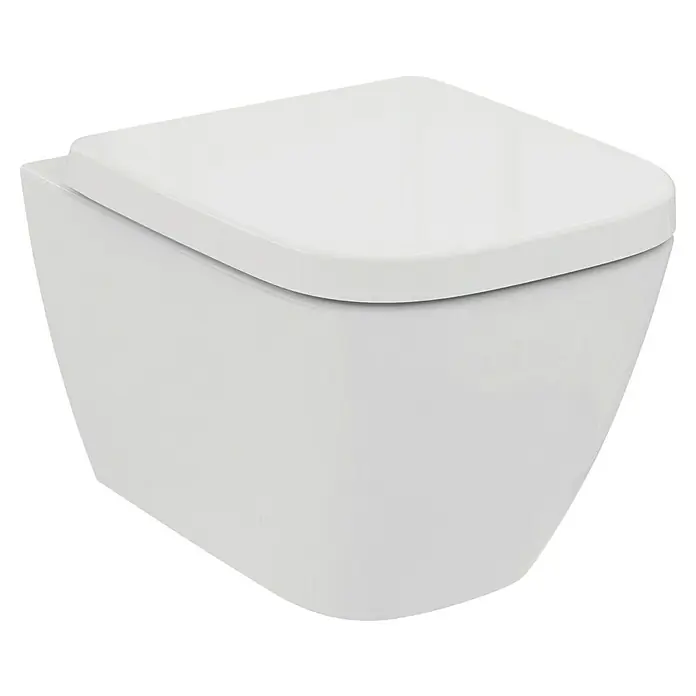 Ideal Standard i.life S Wand-WC-Set - Spülrandlos, Ohne Spezialglasur, Spülform: Tief, WC Abgang: Waagerecht, Weiß - Ein weißes Wand-WC mit einem quadratischen Toilettendeckel. Das WC hat ein modernes, minimalistisches Design.