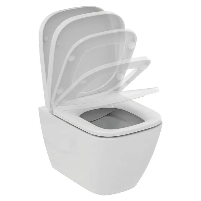Ideal Standard i.life S Wand-WC-Set - Spülrandlos, Ohne Spezialglasur, Spülform: Tief, WC Abgang: Waagerecht, Weiß - Nahaufnahme einer weißen Toilette mit mehreren sich öffnenden Toilettensitzen, die den Bewegungsprozess darstellen.