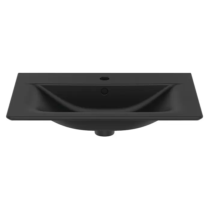 Ideal Standard Connect Air Einbauwaschbecken - 64 x 46 cm, Ohne Spezialglasur, Hahnloch: Mitte, Mit Überlauf, Schwarz - Schwarzes rechteckiges Waschbecken mit Hahn- und Überlauflöchern.