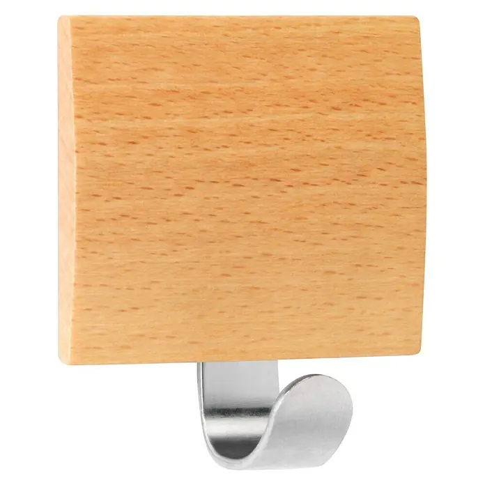 Inofix Colgador adhesivo 2320 - L x An x Al: 5,1 x 4,5 x 2,4 cm, Madera, Haya - Colgador de pared cuadrado de madera con gancho de metal plateado para guardar objetos.