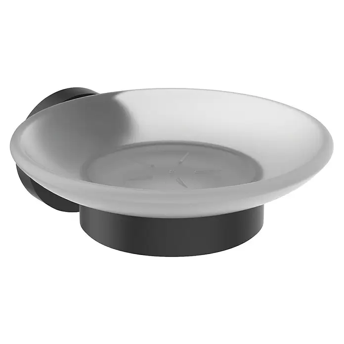 Ideal Standard Bad-Set Iom 1 - 3 -tlg., Schwarz - Wandmontierte Seifenschale aus Milchglas mit dunklem Fuß und sternförmigem Abtropfmuster.