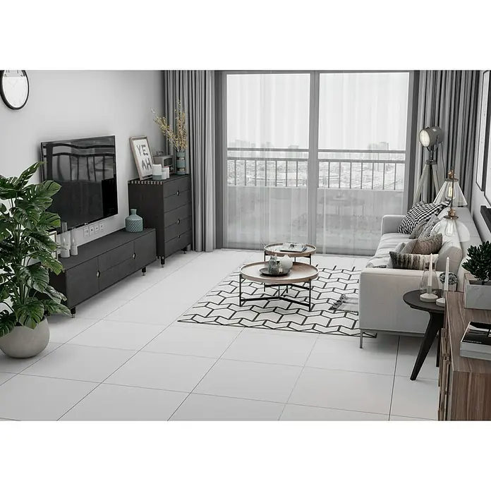 Feinsteinzeugfliese Super White - 59,8 x 59,8 cm, Weiß, Matt - Ein stilvolles Wohnzimmer mit einem modernen TV-Möbel und einem eleganten Sofa, das zum Entspannen einlädt.