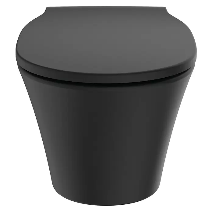 Ideal Standard Connect Air Wand-WC-Set AquaBlade - Spülrandlos, Ohne Spezialglasur, Spülform: Tief, WC Abgang: Waagerecht, Schwarz - Schwarze matte Toilette mit geschlossenem Deckel.