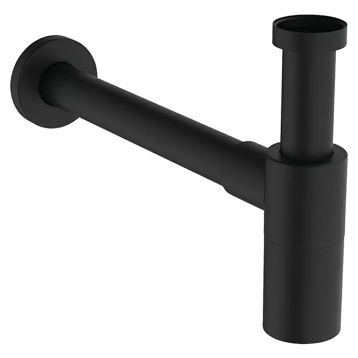 Ideal Standard Waschtisch-Siphon - 1 ¼″, Pulverbeschichtet, Schwarz - Mattschwarzer Flaschensiphon für Spülenentwässerung, mit Wandanschluss und vertikalem Tauchrohr.