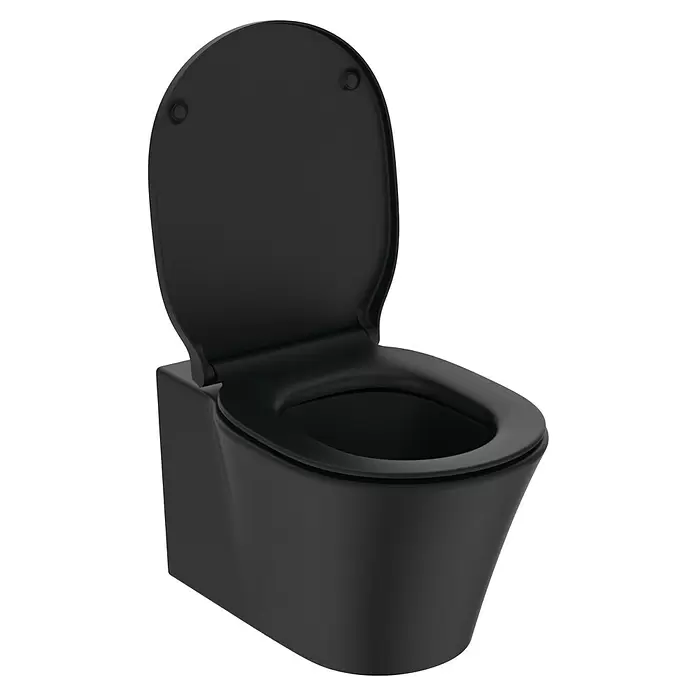 Ideal Standard Connect Air Wand-WC-Set AquaBlade - Spülrandlos, Ohne Spezialglasur, Spülform: Tief, WC Abgang: Waagerecht, Schwarz - Schwarzwand-WC mit geöffnetem Deckel.