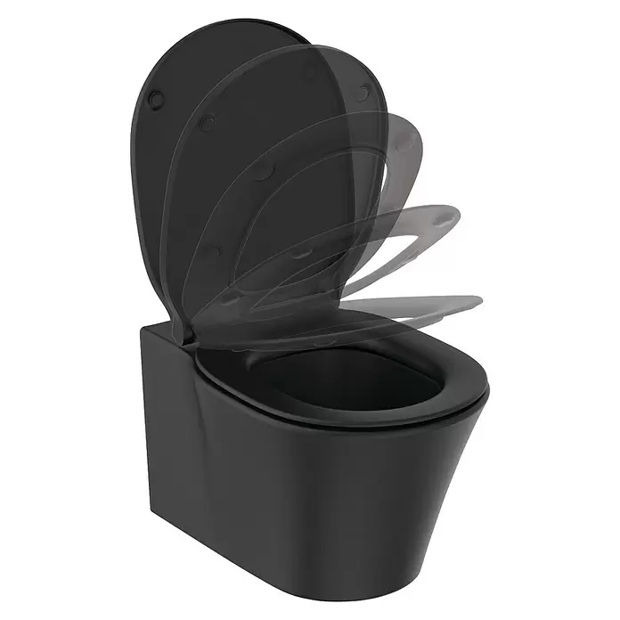 Ideal Standard Connect Air Wand-WC-Set AquaBlade - Spülrandlos, Ohne Spezialglasur, Spülform: Tief, WC Abgang: Waagerecht, Schwarz - Schwarze Toilette mit sanft schließendem Deckel, in Bewegung dargestellt.