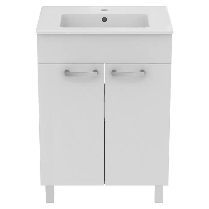 Ideal Standard Eurovit Badmöbel-Set - Gesamtbreite Badmöbel: 61 cm, Weiß, Glänzend - Weißer Badunterschrank mit integriertem Waschbecken und zwei Schranktüren mit silbernen Griffen.