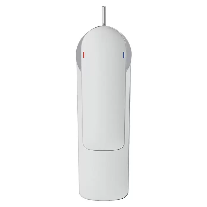 Ideal Standard Connect Air Waschtischarmatur - Höhe: 15,6 cm, Chrom, Glänzend - Weißer, moderner Wasserhahn mit Chromgriff und roten sowie blauen Temperaturanzeigen.