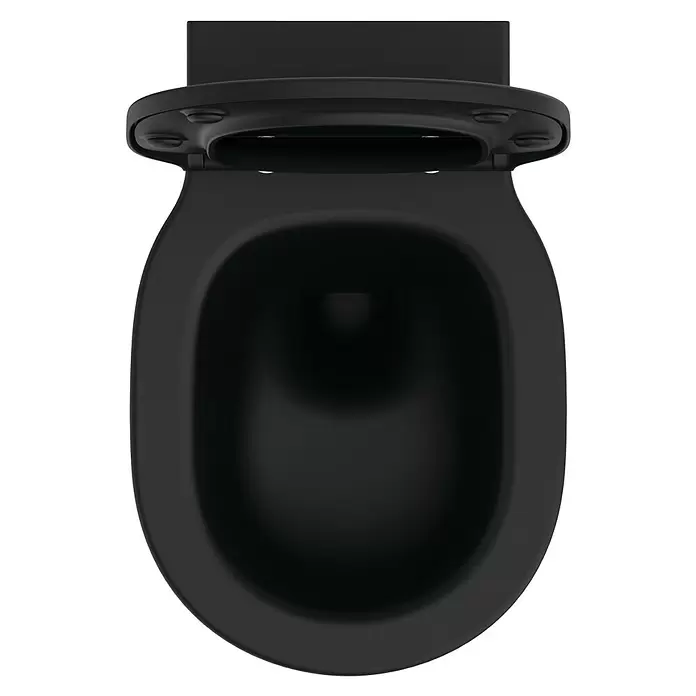Ideal Standard Connect Air Wand-WC-Set AquaBlade - Spülrandlos, Ohne Spezialglasur, Spülform: Tief, WC Abgang: Waagerecht, Schwarz - Schwarzes mattes WC, Draufsicht, mit offenem Deckel.