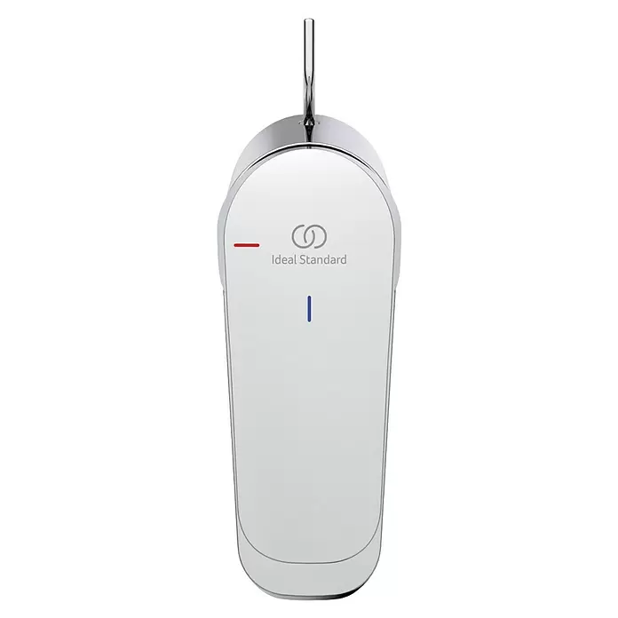Ideal Standard Ceraflex Waschtischarmatur - Chrom, Glänzend - Verchromte, weiße Ideal Standard WC-Betätigungsplatte mit Dual-Flush-Funktion (rot/blau).