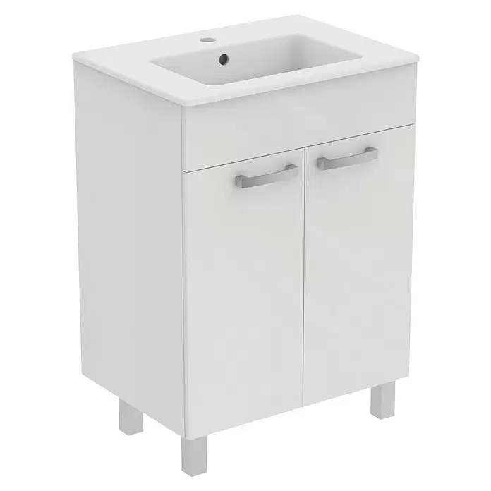 Ideal Standard Eurovit Badmöbel-Set - Gesamtbreite Badmöbel: 61 cm, Weiß, Glänzend - Weißer Badezimmerschrank mit integriertem Waschbecken, zwei Schranktüren und Beinen.