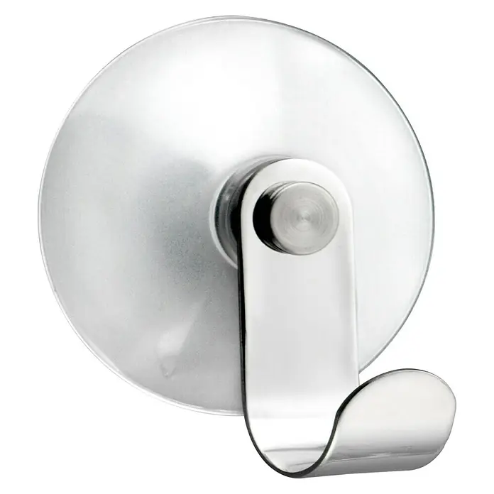 Inofix Gancho con ventosa 1230 - Plástico, Transparente - Primer plano de un gancho de ventosa redondo plateado con un acabado brillante, sobre un fondo negro.