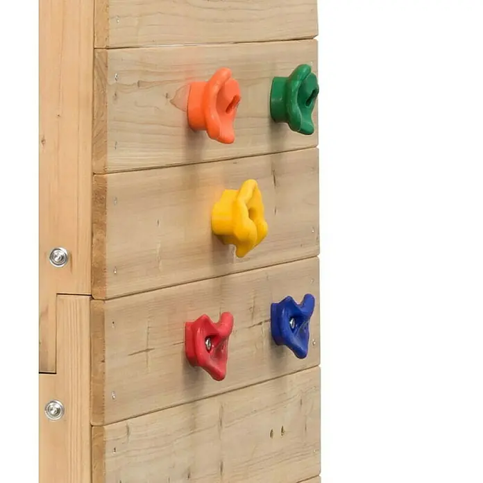 Swing King Kinderspielturm Jack - L x B x H: 210 x 100 x 215 cm, Holz - Nahaufnahme einer Kletterwand mit bunten Griffen, ideal für aktive Kinder. Das robuste Design sorgt für sicheren Kletterspaß im Garten.