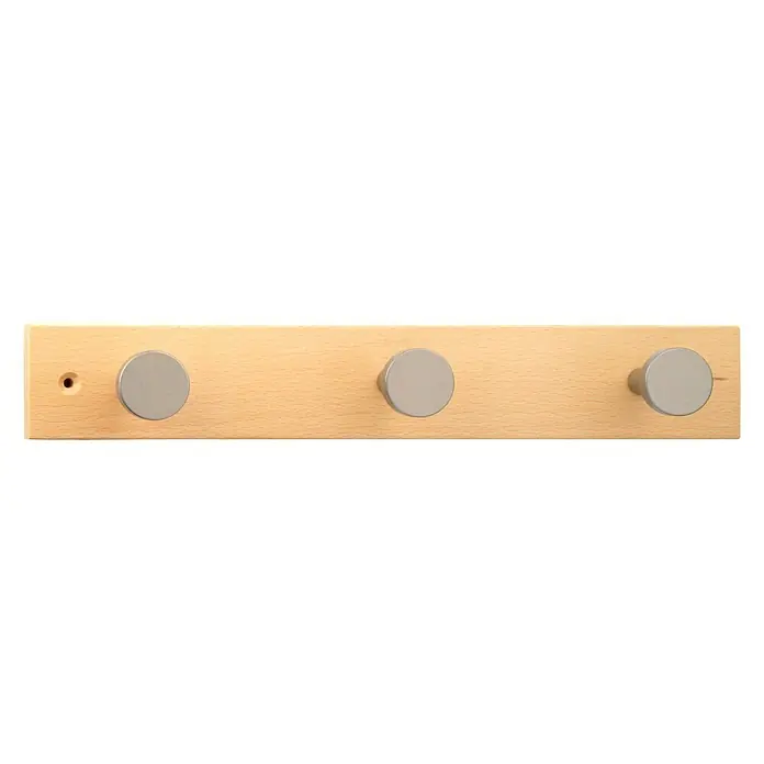 Inofix Perchero 3713 - L x An x Al: 36 x 6 x 6 cm, Madera, Natural - Perchero de madera clara con tres ganchos redondos grises para chaquetas, sombreros y otros accesorios en la pared. Práctico y elegante.