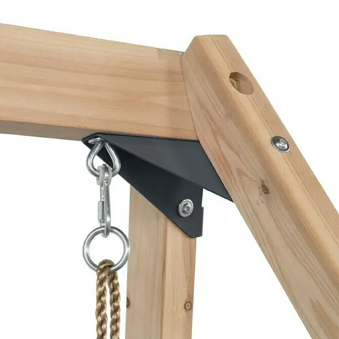 Swing King Doppelschaukel Ava - L x B x H: 73 x 245 x 170 cm, Holz, Blau - Nahaufnahme eines Holzschaukelrahmens mit einer schwarzen Metallhalterung zur Befestigung einer Schaukel.