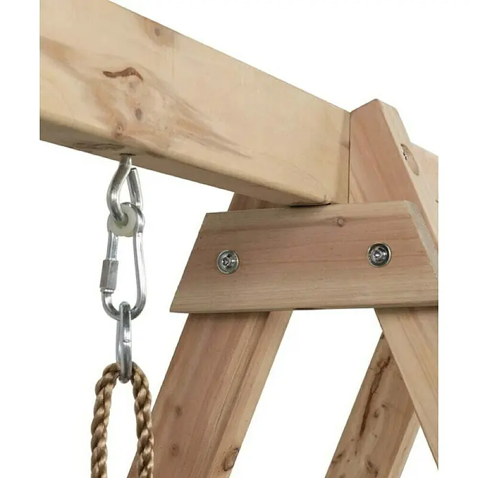 Swing King Doppelschaukel Ava - L x B x H: 73 x 245 x 170 cm, Holz, Blau - Detailaufnahme eines Holzschaukelgestells mit Aufhängung und Seil.
