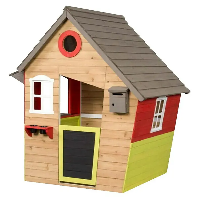 Swing King Spielhaus Fairytale - L x B x H: 140 x 106 x 145 cm, Holz, Gelb/Rot/Weiß/Holz/Grau - Farbenfrohes Spielhaus aus Holz mit Briefkasten und Dach für fantasievolle Outdoor-Abenteuer im Garten.