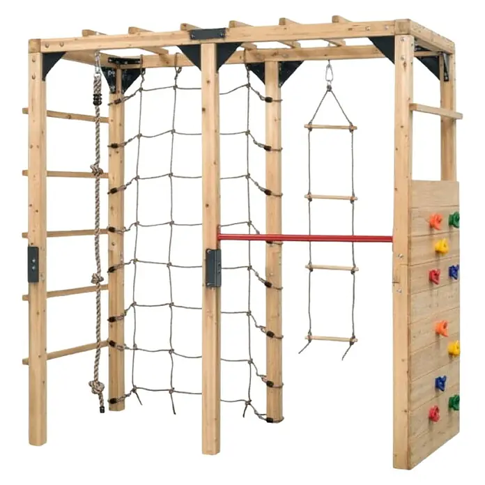 Swing King Kinderspielturm Jack - L x B x H: 210 x 100 x 215 cm, Holz - Bild eines Klettergerüsts mit verschiedenen Kletterelementen wie Strickleiter, Netz und Kletterwand.
